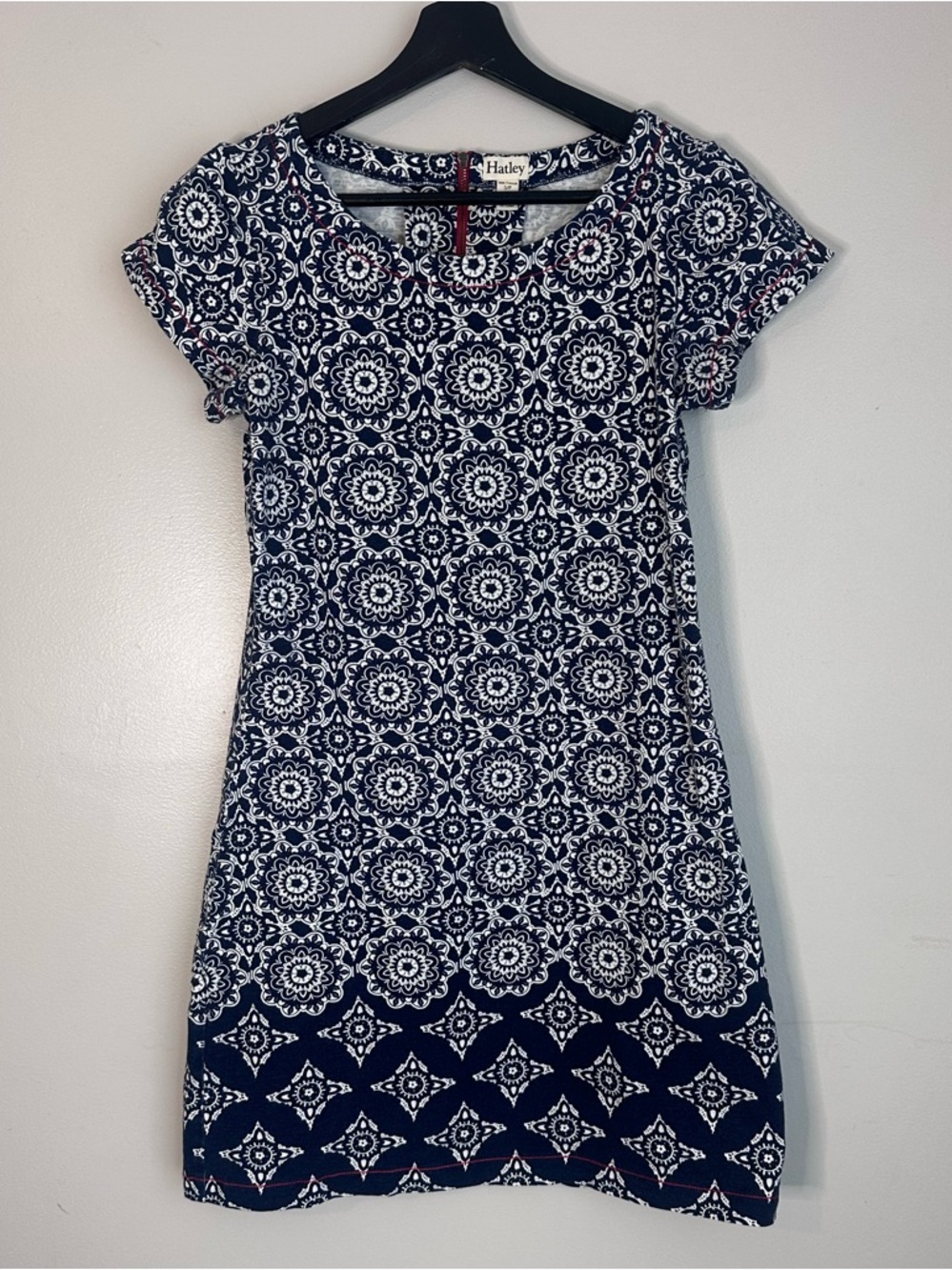 Hatley Short Sleeve Blue and White Print Dress with Red Zipper, Small